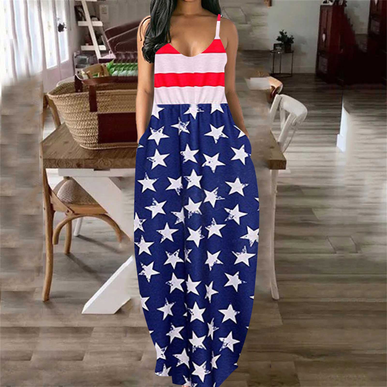 Ladies' Independence Day Deep V Sling Print Dress - One Red Hill